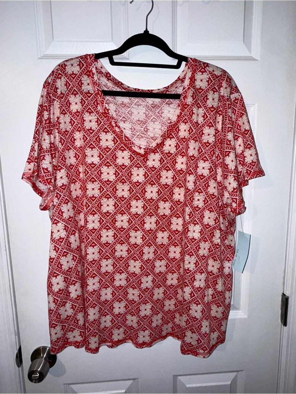 Red Printed Short Sleeve V-Neck Top